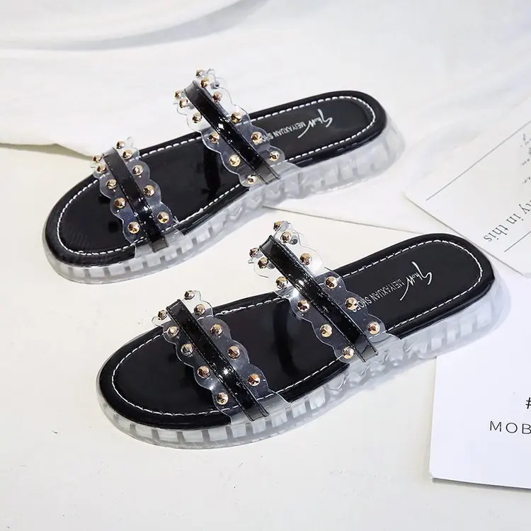 

2019 Summer New Style Fashion Platform Thick Bottomed Sandals WOMEN'S Slippers Outer Wear Flat Rivet Sandals