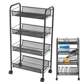 

4 Tiers Rolling Wheels Kitchen Metal Trolley Cart Beauty Hair Salon Storage Rack Black Hairdressing Tools