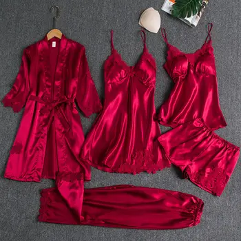 

2/3/4/5 Piece Pajamas Set Sexy Lace Stain Women Pajamas Faux Silk Dressing Gown Lace Summer Robe Sleepwear with Chest Pads
