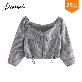 

Demandi Spring 2020 Women's Ring Buckle Zipper Slim One-Shoulder Houndstooth Show High Thin Short Personality Top
