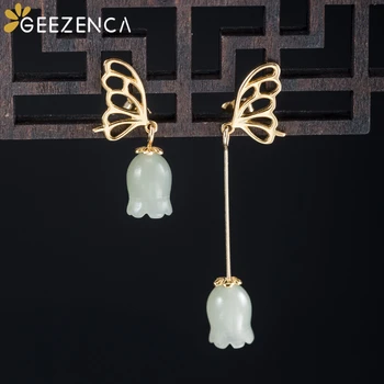 

925 Sterling Silver Gold Plated Butterfly White Jade Flower Stud Earrings Asymmetric Lily Of Valley Earring Fine Jewelry Women