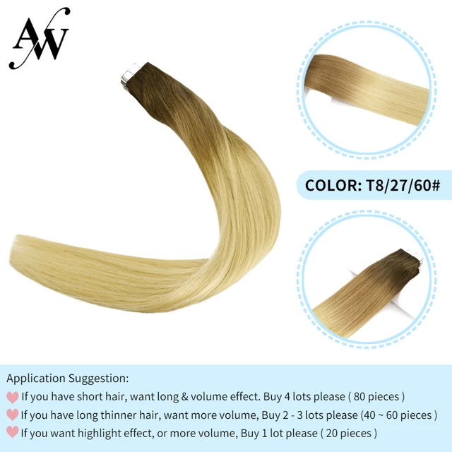 AW 12''-28'' Tape In Human Hair Extensions Straight Seamless Invisible Natural Machine Made Remy Adhesive Glue On Hair Extension T8-27-60