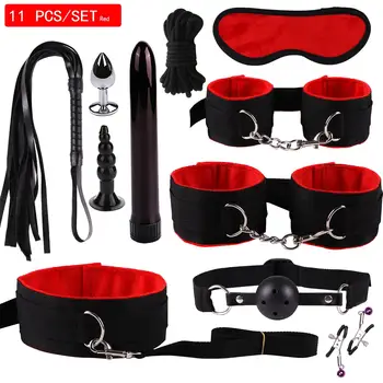 11PCS Set Leather Sex Toys For Adult Game Erotic BDSM Sex Kits Bondage Handcuffs Sex Game Whip Gag SM Bdsm Toys Nipple Clamps 1