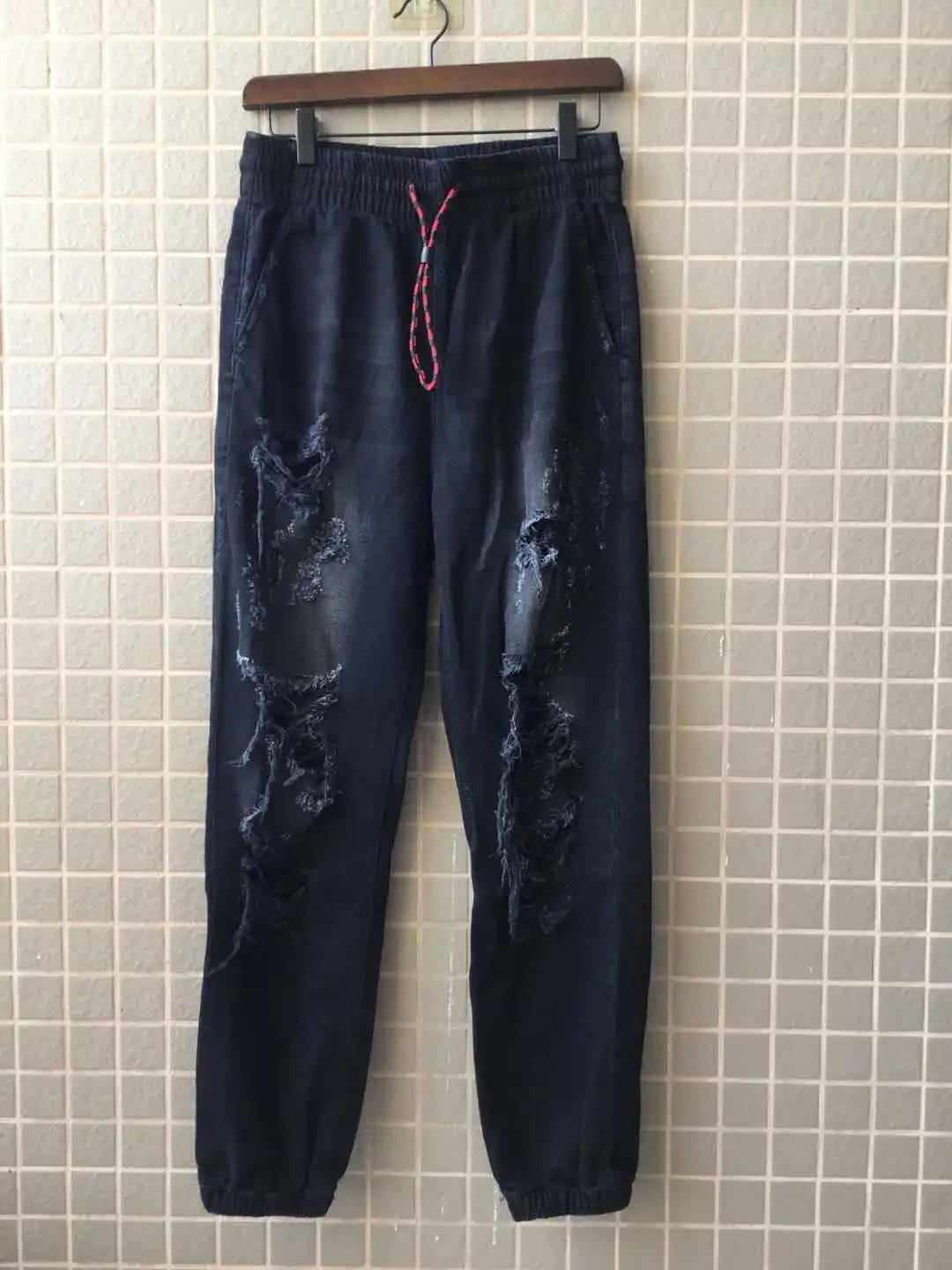 

Spring Summer Autumn Show Style Old Washed and Worn Loose Hole Drawstring Jeans Casual Women's Pants A2