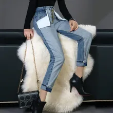 Джинсовые брюки для женщин Высокая талия хит цвета лоскутное карманы лодыжки длина джинсы женские весенние повседневные