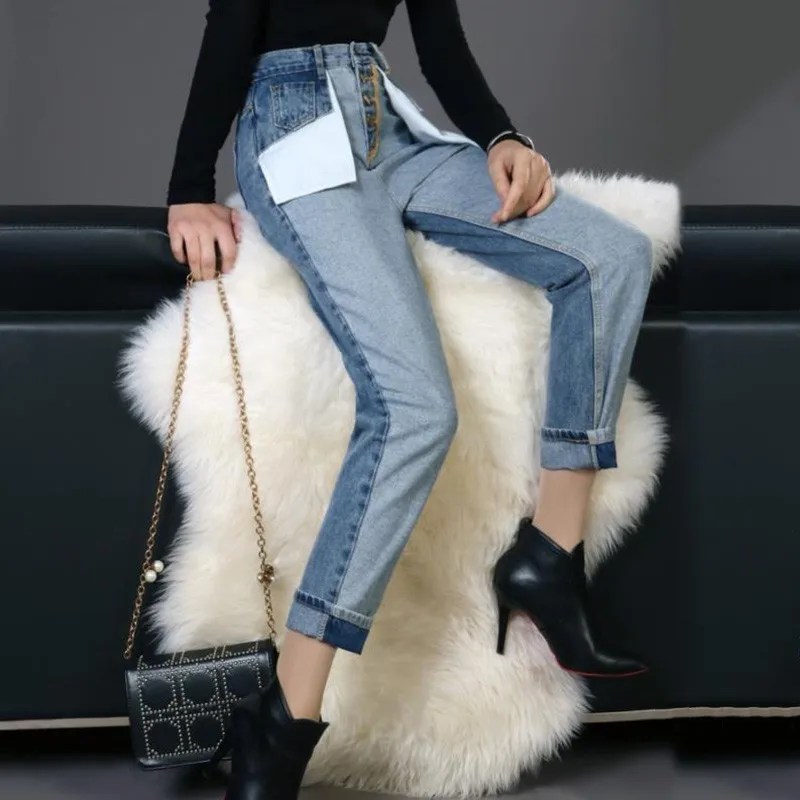 

Denim Trousers For Women High Waist Hit Colors Patchwork Pockets Ankle Length Jeans Female Spring Casual
