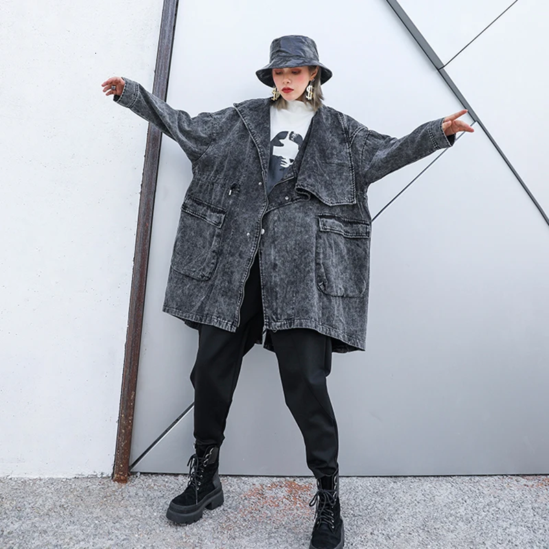 [EAM] Свободная облегающая черная джинсовая длинная куртка, новинка, с отворотом, с длинным рукавом, Женское пальто, модное, Осень-зима, 1H344