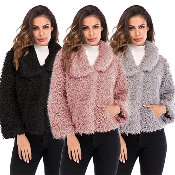 

Daily Long Sleeve Casual Warm Autumn Winter Work Holiday Women Coat Faux Fur Soft Turndown Collar With Pocket Fluffy Solid