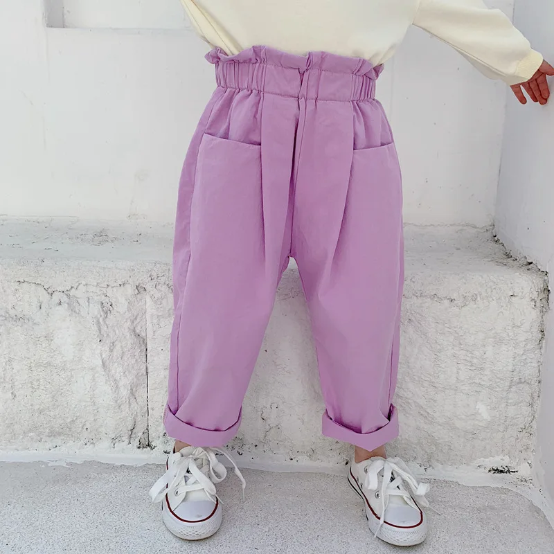 

Spring fashion girls cotton high waist casual trousers Kids fashion all-match 2 colors trousers
