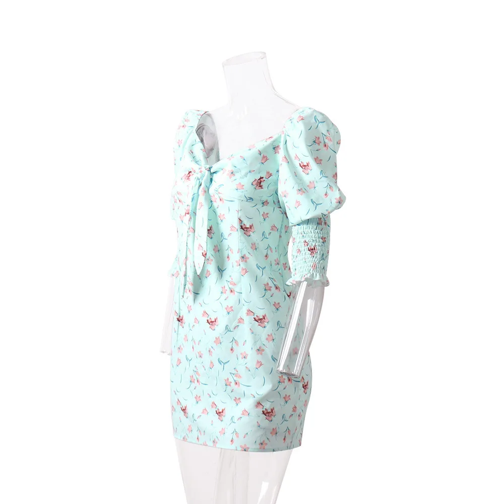 COSYGAL New Sexy Three Quater Printed Sexy Dress Bow Tie Lace Up Slim Ladies Dress Fashion Nightclub Party Dresses Vetidos