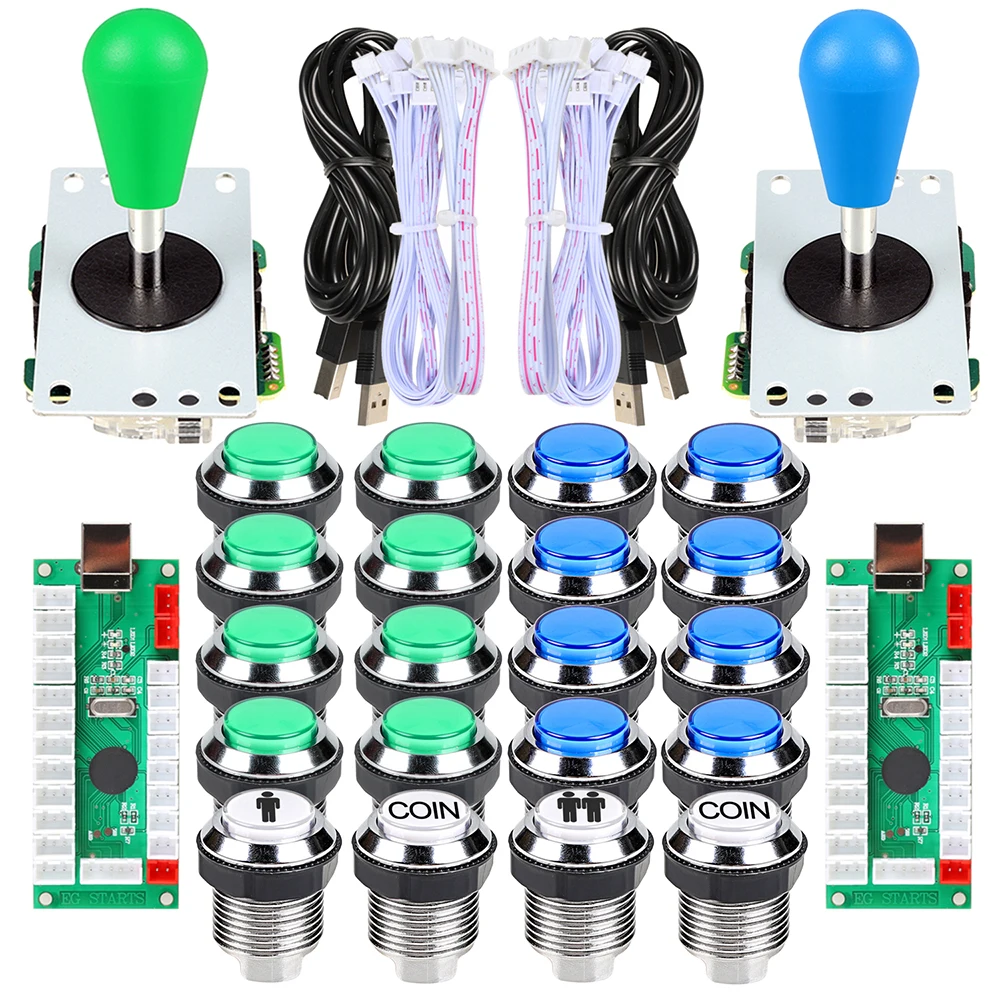 2 Player Ellipse Arcade Kit Oval Bat Joystick Handles LED Chrome Arcade Buttons for Arcade Standard Controller DIY Games MAME 