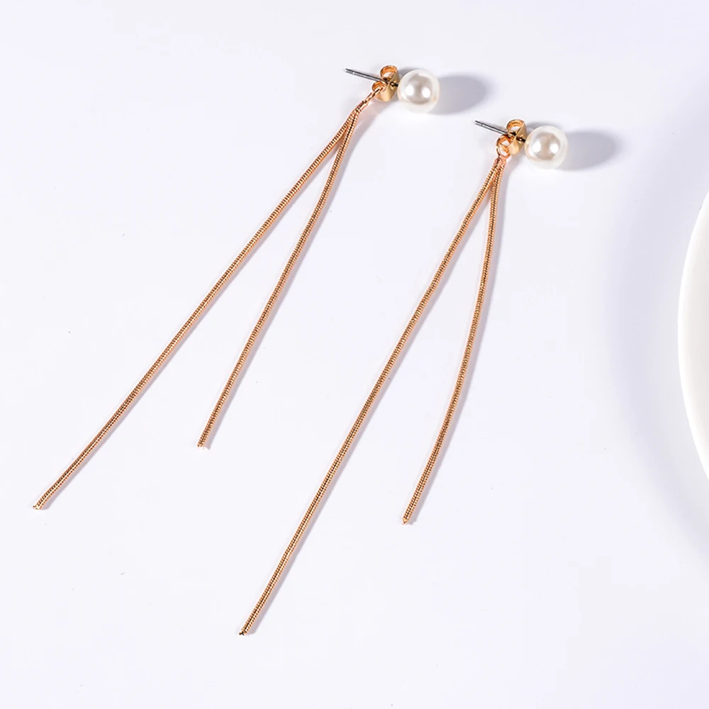 Pendientes Flecos, корейские элегантные женские длинные серьги, CZ жемчужные Очаровательные Подвески, змеиная цепочка, серьги с кисточками, простые жемчужные серьги для ушей