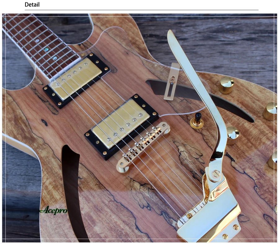 Высокое качество Acepro джаз электрогитара с Spalted клен, VB тремоло, мост Tonepro, Полу полый корпус Archtop Guitarra