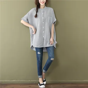 

COIGARSAM Striped Shirt Womens tops Summer Short Sleeve Loose Women shirts Black Sapphire 1806