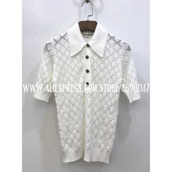 

2020 short-sleeved button-knit T-shirt spring summer ladies streetwear high-quality Lingge polo collar knitted short sleeve top