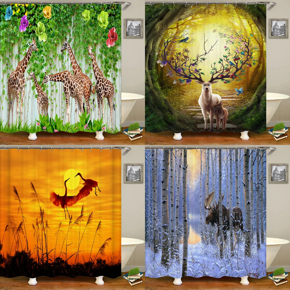 

Forest Natural Scenery Shower Curtain Waterproof Fabric Elephant Tiger Deer Animal Bath Curtains for Bathroom Decor with Hooks