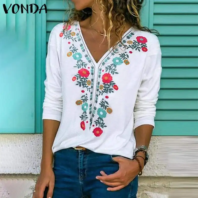 VONDA, осенняя блузка с принтом, Сексуальная Блузка с v-образным вырезом, рубашки с длинным рукавом, весна, винтажные вечерние топы для беременных, 5XL, Женская туника