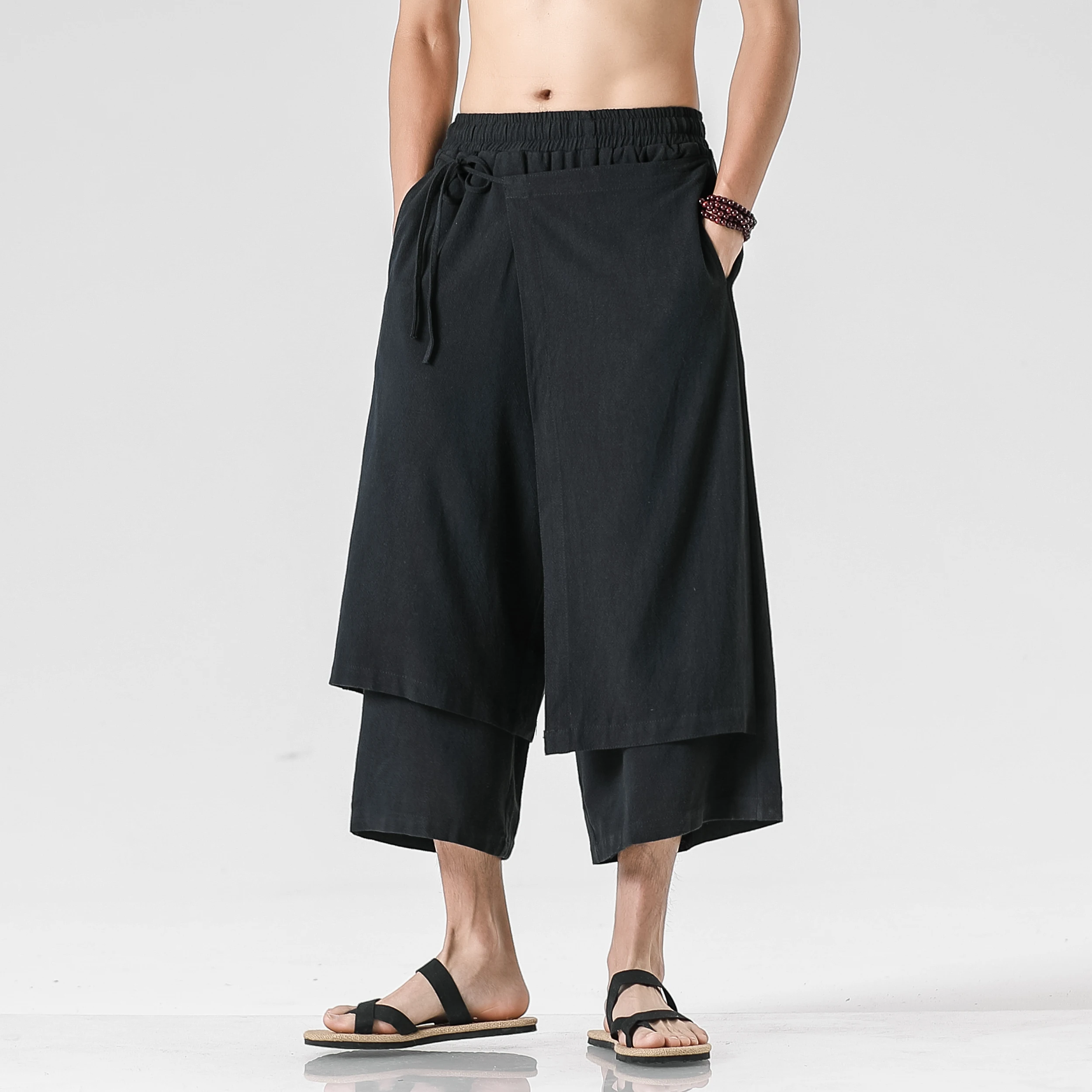 Men Casual Wide Leg Pants Mens Irregular Cotton Linen Harem Pants Male Solid Vintage Skirts Trousers M-5XL