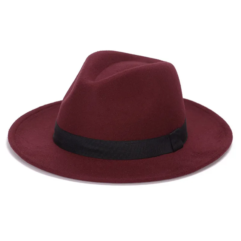 Последняя Осенняя зимняя полиэфирная дамская шляпа Федора с широкими полями, одноцветная фетровая шляпа для женщин, красная Панама 57-58 см