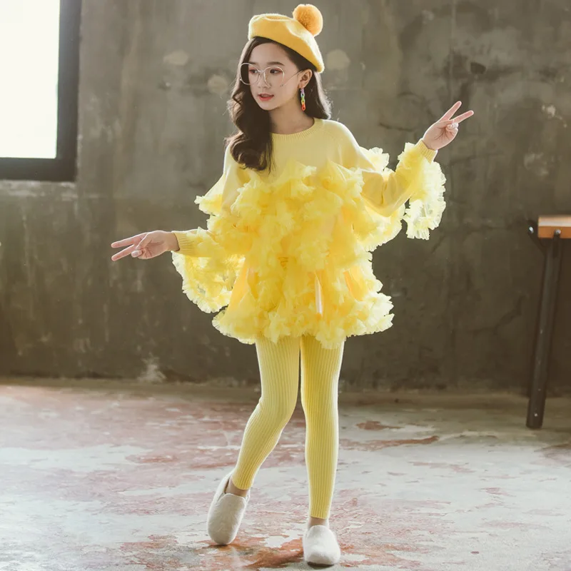 

2020 Autumn Spring Winter Mesh Patchwork Sweater Children Clothes Suit Long Sleeve Sweaters And Pants Kids Clothing Sets Fashion