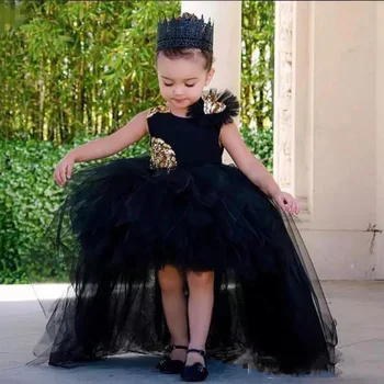 

Lovely Black High Low Girls Pageant Gowns With Gold Sequins Tulle Ball Gown Flower Girl Dresses For Wedding Baby Birthday Party
