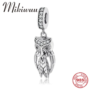 

925 Sterling Silver owl clear CZ Fine Pendants Beads Jewelry making fit Original Mikiwuu charms Bracelet Bangle DIY Jewelry
