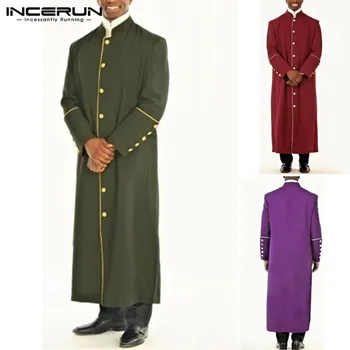 

Fashion Men Jubba Thobe Long Sleeve Stand Collar Robes 2020 Saudi Arabi Muslim Islamic Kaftan Coats Button Men Clothing INCERUN
