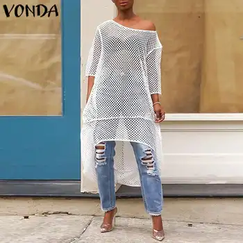 

VONDA Women Summer Hollow Out Blouses 2020 Casual 3/4 Sleeve Solid Color Tops Femme Beach Shirts Plus Size Bohemian Blusas 5XL