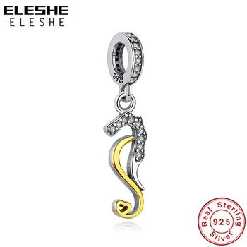

ELESHE 2019 New 925 Sterling Silver Bead Charm Gold Seahorse Hippo Charm with Clear CZ Fit Original Charm Bracelet DIY Jewelry