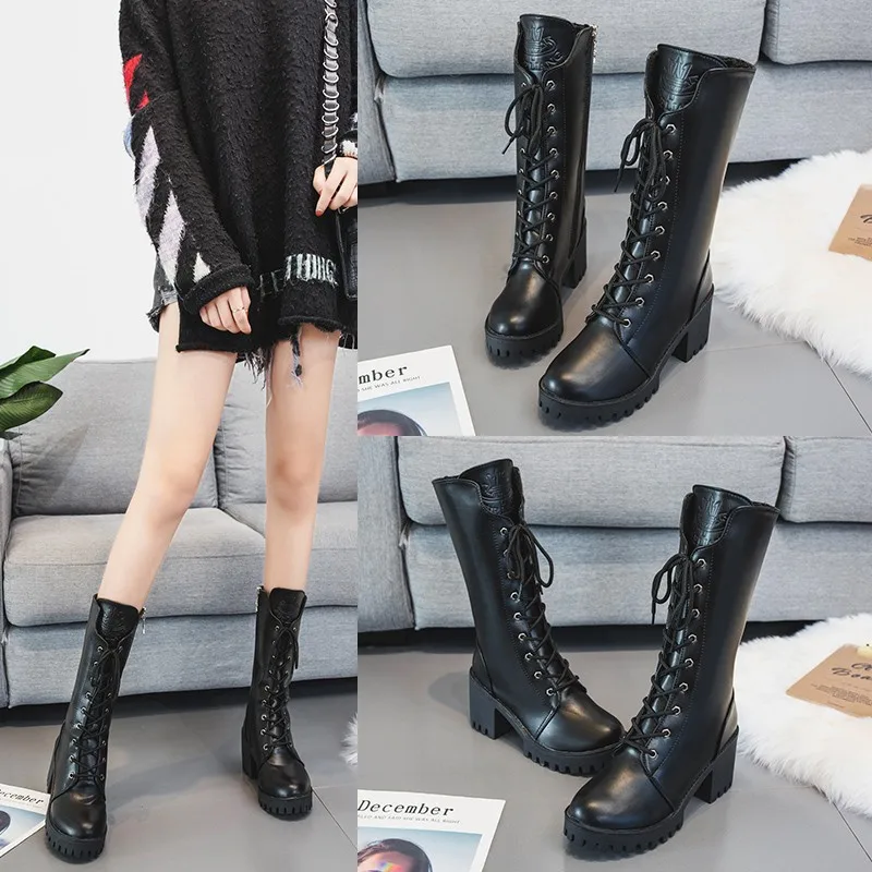 

Fashion Black grey Martin Boots Women Spring Autumn Lace-up Soft Leather Platform Shoes Woman Party Ankle Boots High Heels