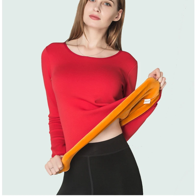 3XL Long Sleeve Single Layer Velvet Thermal Clothing For Women Winter Underwear O-neck Basic Thermos Tops Female Second Skin