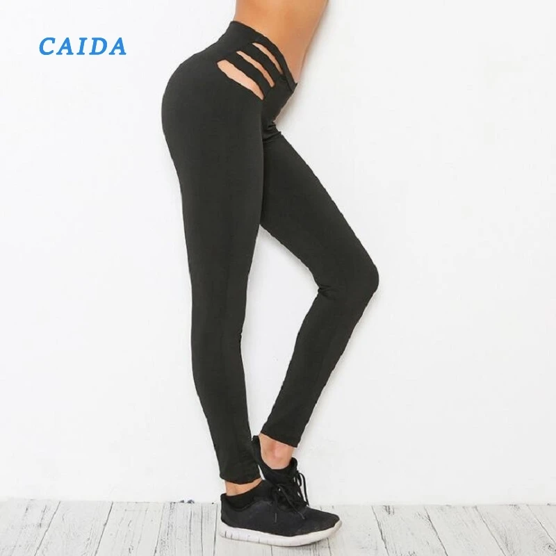 

CAIDA Women Black Cut Out Sexy Leggings Elastic Fitness Workout Running Tight Sport Legging Trousers