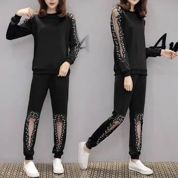 

HAMALIEL Spring Women Tracksuit Pants Set Plus Size Beading Mesh Patchwork Loose Hoodies And Casual Pencil Trousers suit M-4XL