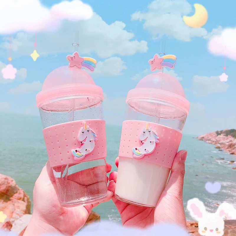 Boxi Kpop Kawaii стеклянная бутылка для воды для девочек, мультяшная Милая бутылка для воды для детей и взрослых, чашка для воды с крышкой и соломенными ручными чашками