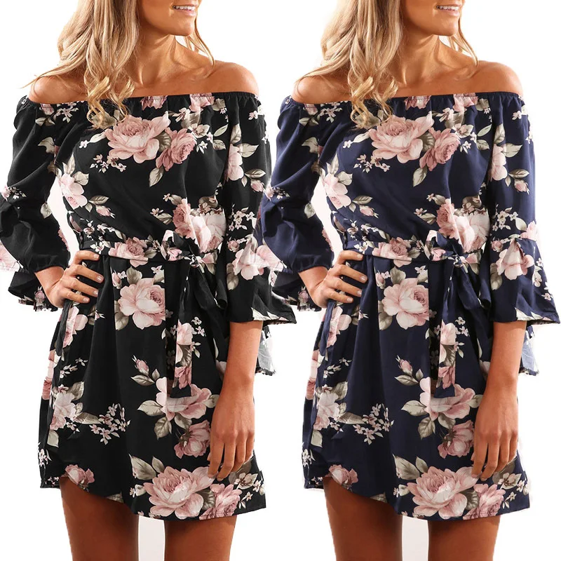 Women Dress 2019 Summer Sexy Off Shoulder Floral Print Chiffon Dress Boho Style Short Party Beach Dresses Women Dress 2019 Summer Sexy Off Shoulder Floral Print Chiffon Dress Boho Style Short Party Beach Dresses