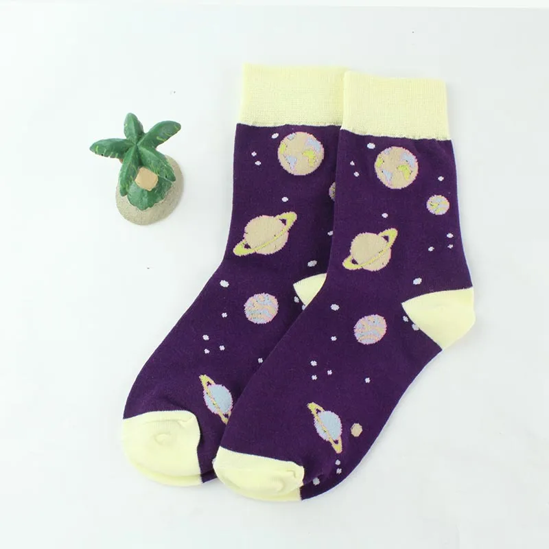Purple Galaxy Забавные мультяшные носки для взрослых, до середины икры, с изображением космоса, галактики, туманности, кометы, звезд, солнечной планеты, метеора, Меркурия, Венеры, земли, Марса, Юпитера - Цвет: Purple Galaxy