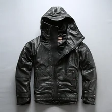AVIREXFLY, новинка, Мужской Черный пуховик с капюшоном из натуральной коровьей кожи, натуральная воловья кожа, повседневные зимние Русские Пальто