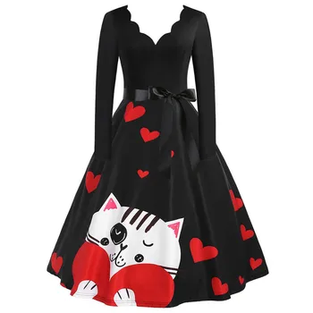 

Free ShippingRetro Vintage Dress Robes Rockabilly Women Elegant Heart Print Long Sleeve Party Dresses Casual Female Office