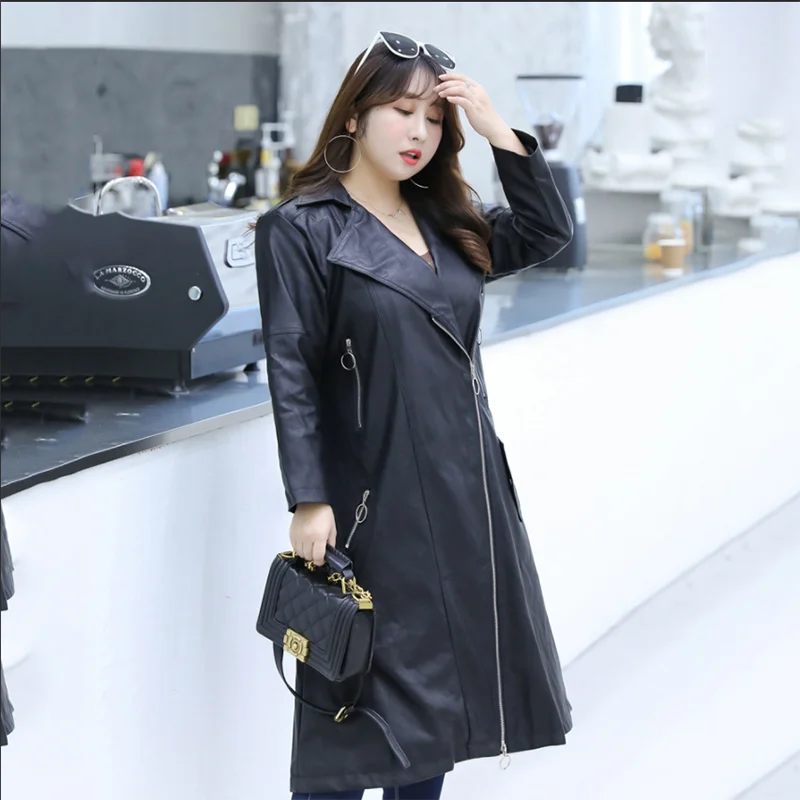 Autumn winter new special plus size leather coat women was thin stylish long Motor vehicle leathers windbreaker jacket overcoat