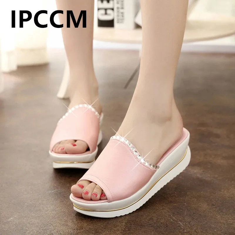 

BONGEAN Fish Mouth Flip-flops Waterproof Thick Bottom Wedge With Rhinestone Fashion Slippers Summer Ladies Sandals