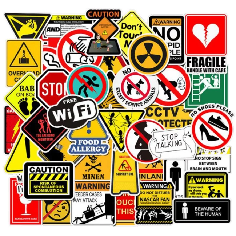 

50PCS Warning Stickers Danger Banning Signs Reminder Waterproof Sticker to DIY Laptop Motorcycle Luggage Snowboard Car Decal