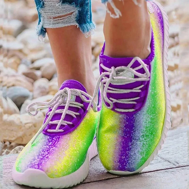 

Women Rainbow Color Sneakers Women's Mesh Breathable Vulcanized Ladies Bling Flats Woman Sport Shoes Female Lace Up Footwear