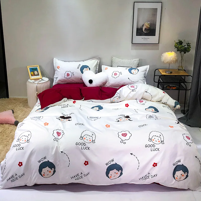 

Cute cartoon girl and boy Quilt Cover Pillowcase white and burgundy AB side different color style 4Pcs Bedclothes Cover Bedsheet