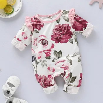

Newborn Girl Romper Long Sleeve Autumn Winter Floral Baby Romper For Girl Cute Ruffle Pink Infant Girl Body Jumpsuit