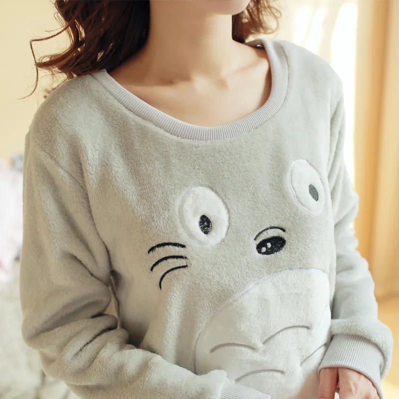 Drop shopping Winter Girl Cartoon Pajamas Long Sleeve Chinchilla Set Cute Totoro Round Neck women Flannel Pajamas sets female