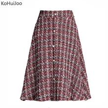 KoHuiJoo осенне-зимняя женская длинная твидовая юбка с эластичной резинкой на талии, повседневные однобортные Клетчатые Шерстяные Юбки в Корейском стиле для женщин