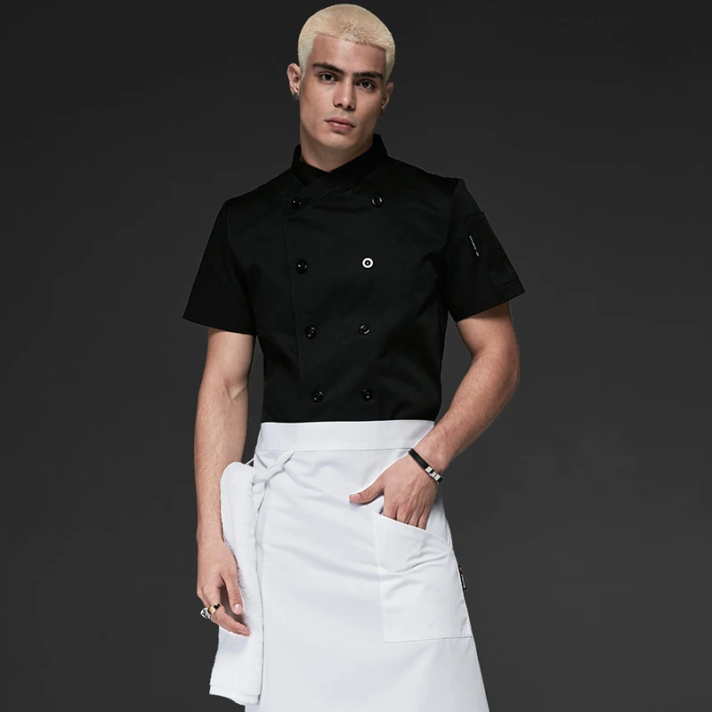 Wholesale Black White Unisex Kitchen Chef Uniform Short Sleeve Double Breasted Cook Wear Chef Jacket Hotel Uniform Food Service