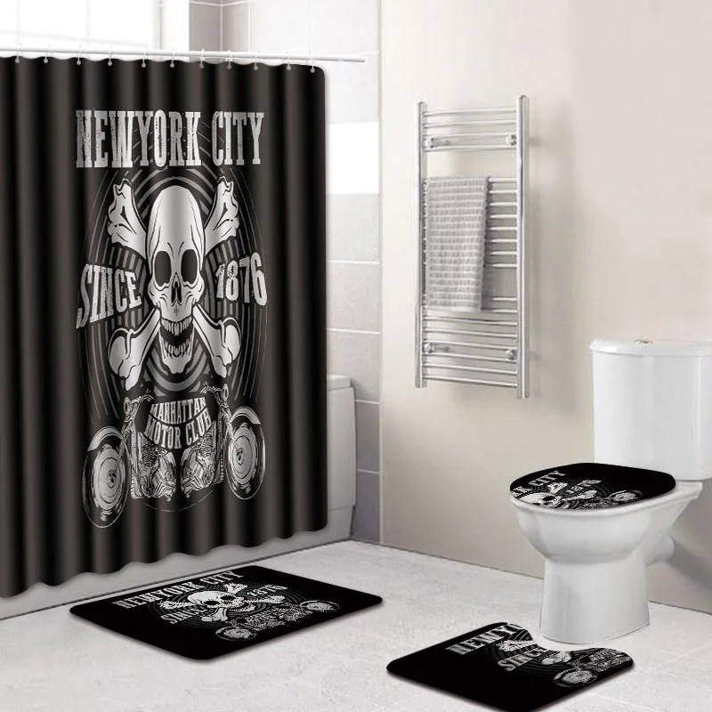 

4PCS/set Skull Print Bath Curtains Waterproof Polyester Fabric Washable Bathroom Shower Curtain Screen with Hooks Accessories
