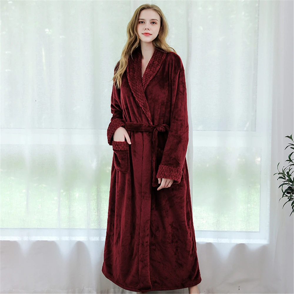 Халат женский мужской пижама ночнушка махровый теплый для пары, толстый фланелевый бархатный белый серый красный банный халат Ночная Пижама - Цвет: Female-wine red