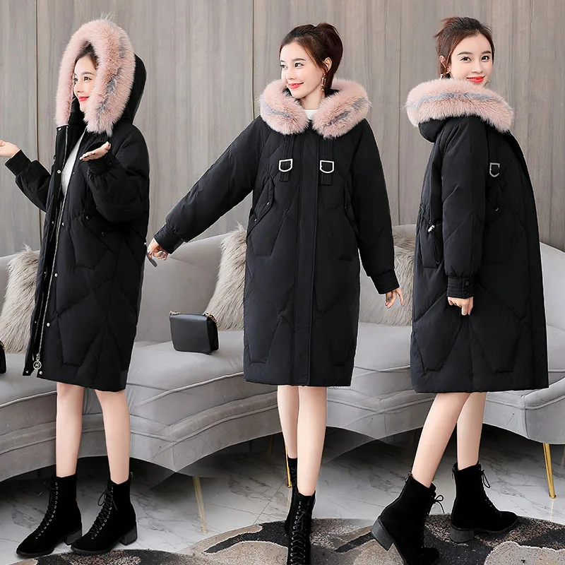 

Korean-style Color Large Fur Collar Cotton-padded Clothes Student Winter Mid-length Thick New Style Cotton-padded Jacket down Ja